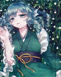 Rule 34 | 1girl, blue eyes, blue hair, bubble, commentary, drill hair, fingernails, fins, flower, frilled sleeves, frills, grass, green kimono, head fins, highres, japanese clothes, katai (nekoneko0720), kimono, long sleeves, looking at viewer, medium hair, obi, parted lips, sash, smile, solo, touhou, underwater, upper body, wakasagihime, white flower, wide sleeves