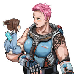 Rule 34 | 2girls, blush, breasts, brown hair, child, female focus, green eyes, hair bun, hair ornament, hairpin, height difference, highres, large breasts, mahou shoujo kei maou denka, mei (overwatch), multiple girls, muscular, muscular female, nail polish, nose, overwatch, overwatch 1, pink hair, pink nails, scar, short hair, simple background, single hair bun, sitting on arm, tattoo, time paradox, very short hair, white background, aged down, zarya (overwatch)