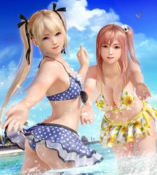 Rule 34 | 2girls, 3d, ass, bikini, bikini skirt, bird, blonde hair, blue sky, breasts, cleavage, cloud, cloudy sky, dead or alive, dead or alive xtreme, floral print, hair ornament, hair ribbon, highres, honoka (doa), large breasts, looking at viewer, marie rose, miniskirt, multiple girls, navel, official art, outdoors, pink hair, polka dot, polka dot bikini, polka dot swimsuit, ribbon, side ponytail, skirt, sky, small breasts, smile, splashing, stomach, swimsuit, twintails, water