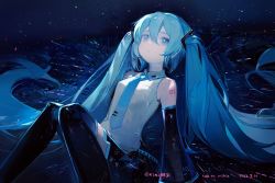 Rule 34 | 1girl, arm support, bare shoulders, black skirt, black sleeves, black thighhighs, blue eyes, blue hair, blue necktie, blue theme, body writing, collared shirt, commentary, dated, detached sleeves, feet out of frame, hair between eyes, hair ornament, happy birthday, hatsune miku, highres, kikihuihui, knees up, long hair, looking up, necktie, night, parted lips, shirt, sitting, skirt, sleeveless, sleeveless shirt, solo, thighhighs, tie clip, triangle mouth, twintails, twitter username, very long hair, vocaloid, wing collar