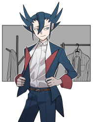 Rule 34 | 1boy, absurdres, belt, belt buckle, blue hair, brown belt, buckle, closed mouth, collared shirt, commentary request, creatures (company), elite four, game freak, grey eyes, grimsley (pokemon), hair between eyes, highres, jacket, long sleeves, looking to the side, male focus, nintendo, open clothes, open jacket, pants, pokemon, pokemon bw, shirt, short hair, smile, solo, spiked hair, usarinko, white shirt