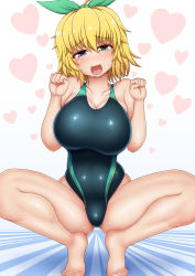 Rule 34 | 10s, 1girl, :d, bare arms, bare legs, bare shoulders, barefoot, blonde hair, blue eyes, blush, breasts, cleavage, collarbone, competition swimsuit, green eyes, green ribbon, hair ribbon, heart, heterochromia, highres, large breasts, looking at viewer, one-piece swimsuit, open mouth, pet play, ponponmaru, ribbon, ryouna (senran kagura), senran kagura, senran kagura shinovi versus, short hair, smile, solo, spread legs, squatting, sweat, swimsuit
