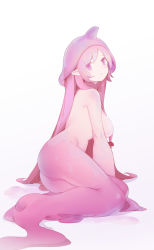 Rule 34 | 1girl, arm support, ass, blush, breasts, character request, completely nude, full body, gaoerji, hat, highres, kardia tou abel, large breasts, leaning to the side, liquid, long hair, looking at viewer, monster girl, nude, pink eyes, pink hair, pink theme, sidelocks, simple background, sitting, slime girl, solo, transparent, very long hair, white background