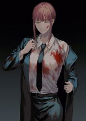 Rule 34 | 1girl, am88121, belt, black background, black jacket, black necktie, black pants, black suit, blood, blood on clothes, blood on face, business suit, chainsaw man, closed mouth, collared shirt, commentary, cowboy shot, formal, gradient background, highres, jacket, light smile, long hair, looking to the side, makima (chainsaw man), necktie, office lady, open clothes, open jacket, pants, red hair, ringed eyes, shirt, shirt tucked in, solo, standing, suit, white shirt, yellow eyes