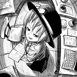 Rule 34 | 1girl, book, can, chair, chips (food), coffee, coffee cup, computer, cup, disposable cup, fedora, food, from above, greyscale, hat, highres, holding, holding book, indoors, laptop, looking at viewer, monochrome, necktie, open book, paper, pencil, peroponesosu., potato chips, touhou, usami renko