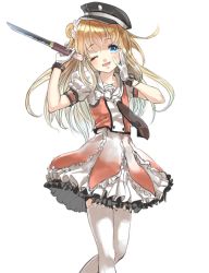 Rule 34 | 10s, 1boy, ;d, blonde hair, blue eyes, blush, bow, cosplay, crossdressing, double bun, frilled skirt, frills, gloves, hair bun, hand on own cheek, hand on own face, hat, hcy (hachiya 2479), holding, kantai collection, long hair, male focus, midare toushirou, naka (kancolle), naka (kancolle) (cosplay), one eye closed, open mouth, peaked cap, puffy short sleeves, puffy sleeves, school uniform, serafuku, short sleeves, short sword, simple background, skirt, smile, solo, sword, tantou, thighhighs, touken ranbu, trap, weapon, white background, white gloves, white thighhighs, zettai ryouiki