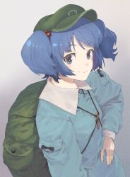 Rule 34 | 1girl, backpack, bag, blue eyes, blue hair, blush, from above, hair bobbles, hair ornament, hand on own hip, hat, highres, kawashiro nitori, key, looking at viewer, looking to the side, looking up, medium hair, shiratama (hockey), smile, solo, texture, touhou, two side up, upper body