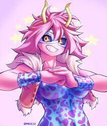 absurdres alternate_hairstyle antennae artist_name ashido_mina black_sclera boku_no_hero_academia breasts colored_sclera colored_skin eye_mask hhholic highres large_breasts long_hair looking_at_viewer pink_background pink_hair pink_skin smile star_(symbol) sweatband teeth twitter_username unitard upper_body yellow_eyes