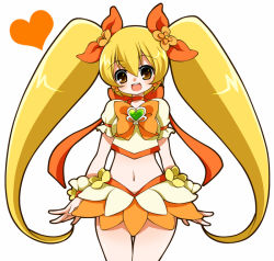 Rule 34 | 10s, 1girl, blonde hair, bow, brooch, brown eyes, cure sunshine, hair ribbon, heart, heart brooch, heartcatch precure!, hiromu0713, long hair, magical girl, midriff, myoudouin itsuki, navel, open mouth, orange bow, orange skirt, orange theme, precure, ribbon, skirt, solo, twintails, white background, yellow eyes