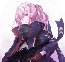 Rule 34 | 1girl, bad id, bad pixiv id, blue jacket, buran (kure), commentary request, finger on trigger, girls&#039; frontline, gloves, gun, hair between eyes, hair ornament, head tilt, high collar, highres, holding, holding gun, holding weapon, jacket, long hair, looking at viewer, name connection, object namesake, open clothes, open jacket, parted lips, pink hair, ponytail, purple eyes, red gloves, shirt, sidelocks, simple background, solo, st ar-15 (girls&#039; frontline), upper body, weapon, weapon request, white background, white shirt