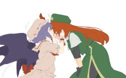 Rule 34 | 2girls, ascot, bat wings, bent over, beret, black gloves, blue hair, blush, china dress, chinese clothes, closed eyes, dress, from side, gloves, green hat, hat, highres, hong meiling, kiss, kissing forehead, leaning forward, long hair, mob cap, multiple girls, pantyhose, red eyes, red hair, remilia scarlet, ribbon, short hair, sketch, terimayo, touhou, wings, wrist cuffs, yuri