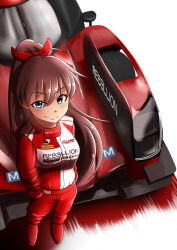 Rule 34 | 1girl, blue eyes, blush, boots, bow, breasts, brown hair, car, copyright name, floating hair, from above, ganaha hibiki, hair bow, hand in pocket, idolmaster, idolmaster (classic), jumpsuit, le mans prototype, looking at viewer, looking up, medium breasts, motion lines, motor vehicle, race vehicle, racecar, racing suit, rebellion r-one, rebellion racing, red bow, red footwear, red jumpsuit, smirk, white background, world endurance championship, yanparap