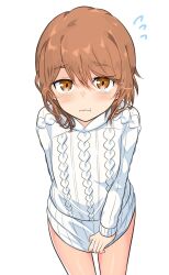 Rule 34 | 1girl, :t, alternate costume, arm behind back, blush, brown eyes, brown hair, closed mouth, commentary request, covering crotch, covering privates, flying sweatdrops, highres, kinuhata saiai, kuronoya50, long sleeves, looking at viewer, simple background, solo, standing, sweater, tearing up, toaru majutsu no index, white background, white sweater