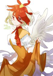 Rule 34 | 1girl, animal, animal on head, artist name, bird, bird on head, blonde hair, bright pupils, capelet, chick, commentary request, cowboy shot, dated, dress, feathered wings, highres, looking at viewer, multicolored hair, namauni, niwatari kutaka, on head, orange dress, puffy short sleeves, puffy sleeves, red eyes, red hair, red neckwear, shirt, short sleeves, simple background, skirt hold, smile, solo, touhou, two-tone hair, white background, white pupils, white shirt, wings