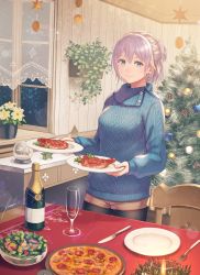 Rule 34 | 1girl, alcohol, anbe yoshirou, aqua eyes, black pantyhose, bottle, cable knit, champagne, champagne flute, christmas, christmas tree, cup, drinking glass, flower, food, highres, holding, holding plate, indoors, knife, pantyhose under shorts, looking at viewer, meat, medium hair, original, pantyhose, pizza, pizza cutter, plant, plate, potted plant, salad, short shorts, shorts, silver hair, snow globe, solo, sweater, table, window