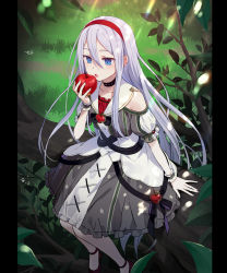 Rule 34 | 1girl, akari no mirage (project sekai), apple, black bow, black footwear, blue eyes, bow, branch, dress, dress bow, food, forest, fruit, full body, grass, grey dress, hair between eyes, hairband, high heels, highres, holding, holding food, holding fruit, long hair, nature, off-shoulder dress, off shoulder, open mouth, project sekai, red hairband, shachi (kaisendon), sitting on branch, solo, sunlight, tree, very long hair, white hair, wrist cuffs, yoisaki kanade