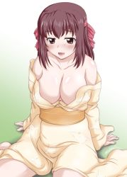 Rule 34 | 1girl, bath yukata, blush, breasts, brown eyes, brown hair, cleavage, commentary, girls und panzer, gradient background, green background, headband, japanese clothes, kimono, kondou taeko, large breasts, looking at viewer, medium hair, no bra, off shoulder, one-hour drawing challenge, open mouth, red headband, sash, sitting, smile, solo, twintails, wariza, wet, wet clothes, yellow kimono, yts takana, yukata