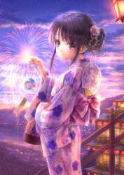 Rule 34 | 1girl, aerial fireworks, ahoge, architecture, back bow, black hair, blush, bow, cherry blossom print, commentary request, dusk, east asian architecture, eyelashes, fireworks, fish, floral print, flower, goldfish, goto p, hair bun, hair flower, hair ornament, hand up, highres, japanese clothes, kanzashi, kimono, lantern, long hair, long sleeves, looking at viewer, original, outdoors, parted lips, pink bow, purple eyes, purple kimono, sidelocks, single hair bun, sky, solo, stairs, standing, striped clothes, striped kimono, summer festival, wide sleeves, yukata