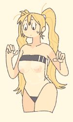 Rule 34 | 1girl, bare shoulders, blonde hair, breasts, cropped legs, farfinfarfin, gris swimsuit, hands up, large breasts, long hair, meme attire, nipples, no nose, one-piece swimsuit, original, see-through swimsuit, simple background, solo, swimsuit, twintails, very long hair, wardrobe malfunction, yellow background
