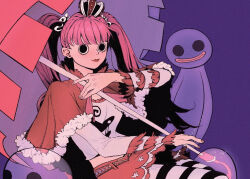Rule 34 | 1girl, black eyes, blunt bangs, capelet, commentary, crop top, crown, ghost, highres, holding, holding umbrella, light smile, long sleeves, mygiorni, one piece, pantyhose, perona, pink umbrella, purple background, red capelet, red skirt, skirt, striped clothes, striped pantyhose, twintails, umbrella