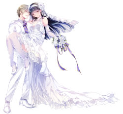 Rule 34 | 1boy, 1girl, absurdres, bad id, bad pixiv id, bare shoulders, black hair, blonde hair, blush, bouquet, breasts, bridal veil, carrying, cleavage, commentary request, dress, elbow gloves, flower, garter belt, gloves, hair between eyes, hairband, high heels, highres, holding, holding bouquet, jacket, kobayashi chisato, long hair, looking at viewer, medium breasts, necktie, original, pants, princess carry, purple necktie, shirt, short hair, simple background, smile, swept bangs, thighhighs, tuxedo, veil, wedding dress, white background, white dress, white footwear, white gloves, white jacket, white pants, white shirt, white theme, white thighhighs, yellow eyes