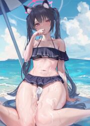 Rule 34 | 1girl, animal ear fluff, animal ears, bare shoulders, between thighs, bikini, black bikini, black hair, blue archive, blush, breasts, cat ears, cloud, frilled bikini, frills, halo, highres, long hair, looking at viewer, lotion, medium breasts, navel, ocean, off-shoulder bikini, off shoulder, official alternate costume, outdoors, red eyes, serika (blue archive), serika (swimsuit) (blue archive), solo, stomach, sunscreen, swimsuit, thighs, toukaiseiya, twintails, very long hair, wet