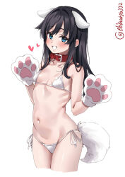 1girl animal_ears animal_hands asashio_(kancolle) bare_shoulders bikini black_hair blue_eyes blush breasts collar collarbone commentary_request ebifurya fur-trimmed_gloves fur_trim gloves groin hands_up heart highres kantai_collection long_hair looking_at_viewer micro_bikini navel one-hour_drawing_challenge paw_gloves red_collar side-tie_bikini_bottom simple_background small_breasts smile solo swimsuit tail twitter_username white_background white_bikini white_gloves