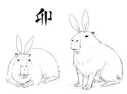 Rule 34 | animal, animal ears, rabbit ears, capybara, fur, lying, mofuringu, monochrome, sitting