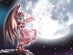Rule 34 | 1girl, aozora market, bat wings, blue hair, boots, cross-laced footwear, female focus, frills, full moon, hat, lace-up boots, large wings, mob cap, moon, night, night sky, remilia scarlet, short hair, sky, solo, star (sky), starry sky, touhou, wallpaper, wings