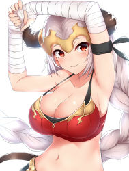 Rule 34 | 1girl, aliza (granblue fantasy), arms up, bandages, bandaged arm, bare shoulders, braid, breasts, cleavage, closed mouth, collarbone, commentary request, crop top, curled horns, draph, etan14, granblue fantasy, headpiece, highres, horns, large breasts, long hair, low ponytail, navel, pointy ears, ponytail, red eyes, sidelocks, silver hair, simple background, single braid, smile, solo, very long hair, white background