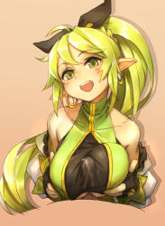Rule 34 | 1boy, 1girl, anemos (elsword), bare shoulders, berg-yb, blush, breast hold, breasts, cum, cum in clothes, detached sleeves, earrings, elf, elsword, fingerless gloves, gloves, green eyes, green hair, hair ribbon, hetero, highres, jewelry, large breasts, long hair, open mouth, paizuri, paizuri under clothes, penis, pointy ears, rena erindel, ribbon, side ponytail, smile, solo focus, uncensored, underboob