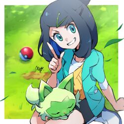Rule 34 | 1girl, arm support, ayo (ayosanri009), black hair, black shorts, border, commentary request, creatures (company), day, eyelashes, falling leaves, finger to mouth, game freak, grass, green eyes, green jacket, grin, hair ornament, hairclip, hand up, jacket, leaf, liko (pokemon), looking at viewer, medium hair, nintendo, on lap, open clothes, open jacket, outdoors, poke ball, poke ball (basic), pokemon, pokemon (anime), pokemon (creature), pokemon horizons, pokemon on lap, pokemon horizons, shirt, shoes, shorts, shushing, signature, sitting, sleeping, smile, sneakers, sprigatito, teeth, white border, white footwear, white shirt, yellow bag