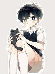 Rule 34 | 1boy, animal, antenna hair, black cat, black eyes, black hair, black sweater vest, blush, bright pupils, brown shorts, cat, closed mouth, collared shirt, expressionless, feet out of frame, grey background, grey eyes, hair between eyes, heterochromia, highres, holding, holding animal, kneehighs, knees up, looking at viewer, makucrp, mewo, omori, outline, shirt, short hair, short sleeves, shorts, simple background, sitting, socks, solo, sunny (omori), sweater vest, white outline, white pupils, white shirt, white socks