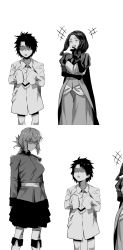 Rule 34 | 1boy, 2girls, absurdres, age difference, age regression, aged down, belt, braid, breasts, child, closed eyes, fate/grand order, fate (series), florence nightingale (fate), folded ponytail, fujimaru ritsuka (male), gloves, greyscale, height difference, highres, hxd, jacket, large breasts, laughing, leonardo da vinci (fate), leonardo da vinci (fate/grand order), leonardo da vinci (rider) (fate), long hair, long sleeves, military jacket, monochrome, multiple girls, onee-shota, open mouth, parted bangs, short hair, skirt