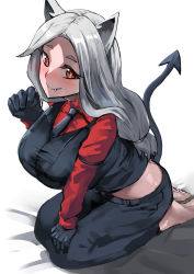Rule 34 | 1girl, animal ears, barefoot, black gloves, black pants, black vest, blush, business suit, cerberus (helltaker), chung cthemax, dog ears, fang, fang out, fangs, fangs out, formal, gloves, grey hair, hand on own knee, hand up, helltaker, highres, long hair, looking at viewer, necktie, no shoes, pants, red eyes, red shirt, shirt, sitting, sitting on lap, sitting on person, soles, solo, suit, tail, vest, white background