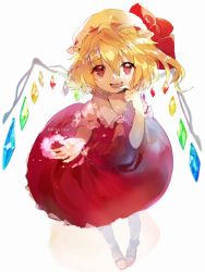 Rule 34 | 1girl, ascot, atsumi jun, blonde hair, bow, flandre scarlet, full body, hat, hat bow, looking at viewer, mary janes, mob cap, open mouth, red eyes, shirt, shoes, short sleeves, side ponytail, simple background, skirt, smile, solo, touhou, white background, wings
