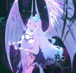 Rule 34 | 1girl, blue butterfly, breasts, butterfly, dragon wings, fate (series), forked eyebrows, long hair, looking at viewer, melusine (fate), melusine (swimsuit ruler) (fate), pelvic curtain, sansan (dongfangzhong111), small breasts, solo, very long hair, white hair, wings, yellow eyes