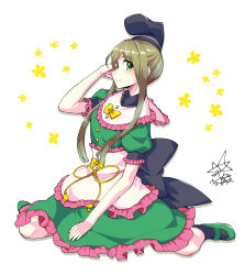 Rule 34 | 1girl, apron, black hat, black socks, bow, brown hair, closed mouth, commentary, dress, from side, full body, green dress, green eyes, green footwear, hat, highres, looking at viewer, petticoat, puffy short sleeves, puffy sleeves, short hair, short hair with long locks, short sleeves, sidelocks, simple background, sitting, smile, socks, solo, tate eboshi, teireida mai, touhou, umigarasu (kitsune1963), waist apron, wariza, white apron, white background, yellow bow