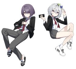 Rule 34 | 2girls, absurdres, arm up, black footwear, black jacket, blazer, collared shirt, copyright request, dress shirt, eyes visible through hair, glasses, grey hair, grey pants, grey shorts, hair between eyes, hair over one eye, hand in pocket, highres, jacket, looking at viewer, multiple girls, necktie, open clothes, open jacket, pants, purple eyes, purple hair, red eyes, red necktie, round eyewear, school uniform, shirt, shoes, short eyebrows, short shorts, shorts, simple background, socks, syhan, thick eyebrows, virtual youtuber, white background, white footwear, white shirt, white socks