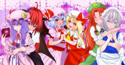Rule 34 | 6+girls, absurdres, ahoge, apron, ascot, bags under eyes, bat wings, blonde hair, blue eyes, blue hair, blush, book, border, bow, braid, brooch, checkered background, closed eyes, crescent, double bun, dress, embodiment of scarlet devil, fang, fangs, fingernails, flandre scarlet, frown, full-face blush, grimoire, grin, hair bow, hair bun, hat, hat ribbon, head tilt, head wings, highres, holding another&#039;s wrist, holding hands, hong meiling, hug, hug from behind, interlocked fingers, izayoi sakuya, jewelry, koakuma, lace, lace border, light purple hair, long hair, long sleeves, looking at viewer, magic circle, maid headdress, misumo, mob cap, multiple girls, nail polish, open book, open mouth, ornate border, patchouli knowledge, pentagram, puffy short sleeves, puffy sleeves, purple eyes, red eyes, red hair, remilia scarlet, ribbon, robe, sash, short hair, short sleeves, side ponytail, sidelocks, sideways glance, silver hair, single braid, skirt, skirt set, slit pupils, smile, star (symbol), striped clothes, striped dress, sweat, touhou, waist apron, wings, you gonna get raped, yuri