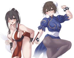 2girls akagi_(kancolle) alternate_hairstyle arm_guards black_hair black_pantyhose blue_dress bracelet breasts brown_eyes brown_hair bun_cover capcom china_dress chinese_clothes chun-li chun-li_(cosplay) commentary cosplay double_bun dr.plankton dress fatal_fury fighting_stance folded_fan folding_fan hair_bun hand_fan high_ponytail highres holding holding_fan jewelry kaga_(kancolle) kantai_collection large_breasts long_hair multiple_girls ninja one_eye_closed pantyhose pelvic_curtain revealing_clothes shiranui_mai shiranui_mai_(cosplay) spiked_bracelet spikes street_fighter