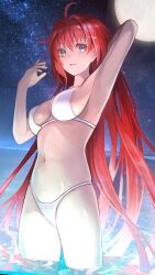 Rule 34 | 1girl, ahoge, aozaki aoko, arm up, armpits, arms up, blue eyes, breasts, cleavage, commentary request, commission, cowboy shot, full moon, hair intakes, hand up, highres, large breasts, long hair, looking at viewer, moguta (moguta9), moon, navel, night, night sky, parted lips, red eyes, red hair, sideboob, skeb commission, sky, solo, star (sky), starry sky, tsukihime, wading, water