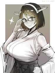 Rule 34 | 1girl, absurdres, adjusting eyewear, attyon, breasts, dated, detached sleeves, female focus, glasses, greyscale, hair between eyes, hand on eyewear, headgear, highres, huge breasts, japanese clothes, kantai collection, kirishima (kancolle), looking at viewer, monochrome, ribbon-trimmed sleeves, ribbon trim, short hair, signature, simple background, skirt, smile, solo, sparkle, upper body