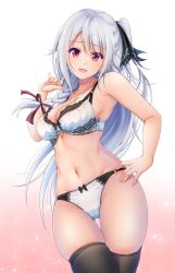 Rule 34 | 1girl, :d, amagiri tsukuyo, armpits, bare arms, bare shoulders, black thighhighs, blush, bow, bow panties, bra, braid, breasts, cleavage, cowboy shot, cross, cross necklace, denpa (denpae29), gluteal fold, gradient background, grey hair, hair ornament, hair ribbon, hand on own hip, jewelry, lace, lace-trimmed bra, lace trim, long hair, looking at viewer, medium breasts, navel, necklace, one side up, open mouth, original, panties, pink background, pink eyes, purple ribbon, ribbon, single braid, skindentation, smile, solo, standing, thigh gap, thighhighs, underwear, underwear only, very long hair, white background, white bra, white panties