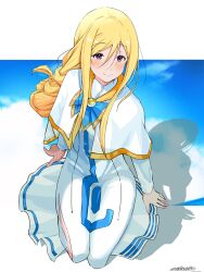 Rule 34 | 1girl, alicia florence, andanden, aria (manga), aria company uniform, arm support, blonde hair, blue bow, blue bowtie, blue sky, bow, bowtie, braid, braided ponytail, capelet, closed mouth, cloud, cloudy sky, dress, eyelashes, full body, gold trim, hair between eyes, highres, kneeling, long dress, long hair, looking at viewer, on ground, shadow, side slit, signature, sky, smile, solo, white capelet, white dress