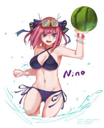 Rule 34 | angry, ani lu, armpits, arms up, bikini, black ribbon, blue eyes, blunt bangs, blush, bracelet, breasts, butterfly hair ornament, cleavage, clenched hand, eyewear on head, food, fruit, go-toubun no hanayome, groin, hair ornament, halterneck, jewelry, large breasts, leg up, looking at viewer, nakano nino, navel, open mouth, panties, pink hair, purple bikini, ribbon, side-tie bikini bottom, side-tie panties, simple background, solo, stomach, string bikini, sunglasses, swimsuit, thick thighs, thighs, twintails, underwear, v-shaped eyebrows, water, watermelon, white background