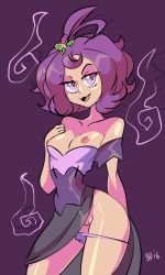 Rule 34 | 1girl, acerola (pokemon), bigdead, breasts, cleft of venus, creatures (company), fangs, female focus, game freak, hair ornament, highres, looking at viewer, naughty face, nintendo, nipples, panties, pokemon, pokemon sm, pussy, shiny skin, short hair, small breasts, smile, sweat, thong, uncensored, underwear
