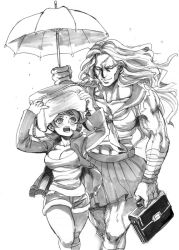 Rule 34 | 10s, 2girls, asahina aoi, bad id, bad pixiv id, bag, bandages, breasts, briefcase, cleavage, closed eyes, danganronpa: trigger happy havoc, danganronpa (series), greyscale, height difference, holding, holding umbrella, illa, jacket, jersey, monochrome, multiple girls, muscular, muscular female, ogami sakura, open clothes, open jacket, open mouth, rain, scar, school bag, school briefcase, school uniform, serafuku, shorts, smile, track jacket, umbrella