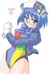 Rule 34 | 1girl, 2k-tan, blue eyes, blue hair, bow, bowtie, breasts, checkered clothes, checkered swimsuit, clenched hand, cowboy shot, dutch angle, from side, glasses, gloves, hair ornament, high collar, highleg, highleg swimsuit, hip focus, jacket, light smile, long sleeves, looking at viewer, maid headdress, matching hair/eyes, medium breasts, multicolored clothes, multicolored swimsuit, oekaki, one-piece swimsuit, open clothes, open jacket, os-tan, semi-rimless eyewear, signature, simple background, sketch, smile, solo, swimsuit, thick thighs, thighs, toushi ryoku, under-rim eyewear, watanabe akio (style), white-framed eyewear, white background, white gloves, wide hips, wrist cuffs