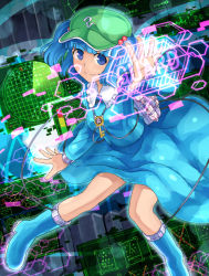 Rule 34 | 1girl, blue eyes, blue hair, breasts, cable, female focus, hair bobbles, hair ornament, hat, kawashiro nitori, key, matching hair/eyes, monosenbei, open hand, radar, short hair, skirt, smile, solo, touhou, twintails, two side up, wire